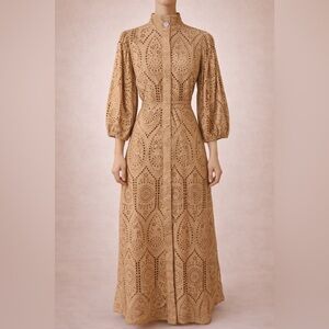 Ganni Tan Long Sleeve Eyelet Dress